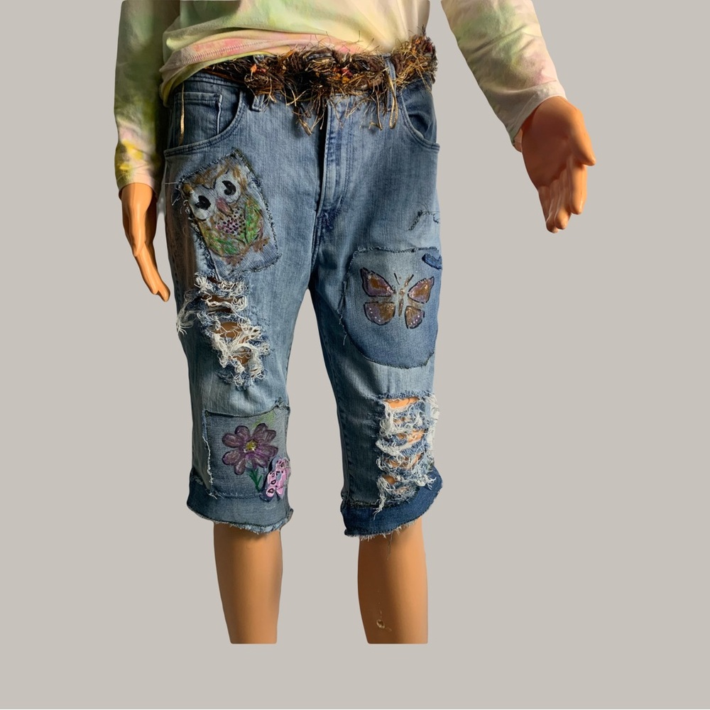 Homemade Patched Up Upcycled Blue Denim Cutoff Shorts - Picture 4 of 13
